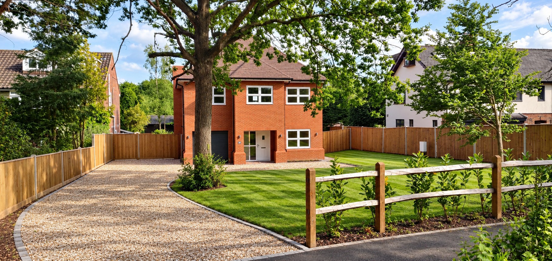 Green Lane red brick house with gravel driveway and garden